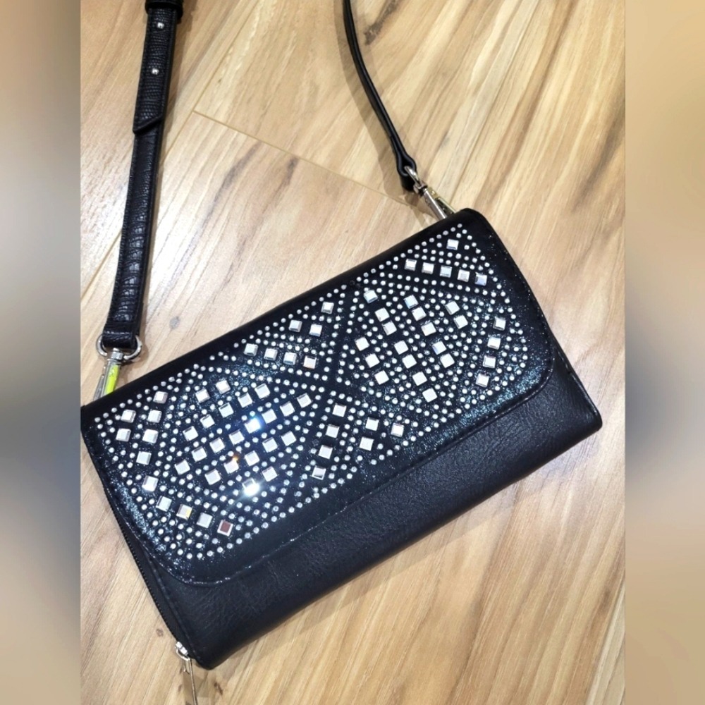 Bebe Onyx Black Studded Rhinestone Crossbody‎ Wallet Bag Adjustable Strap